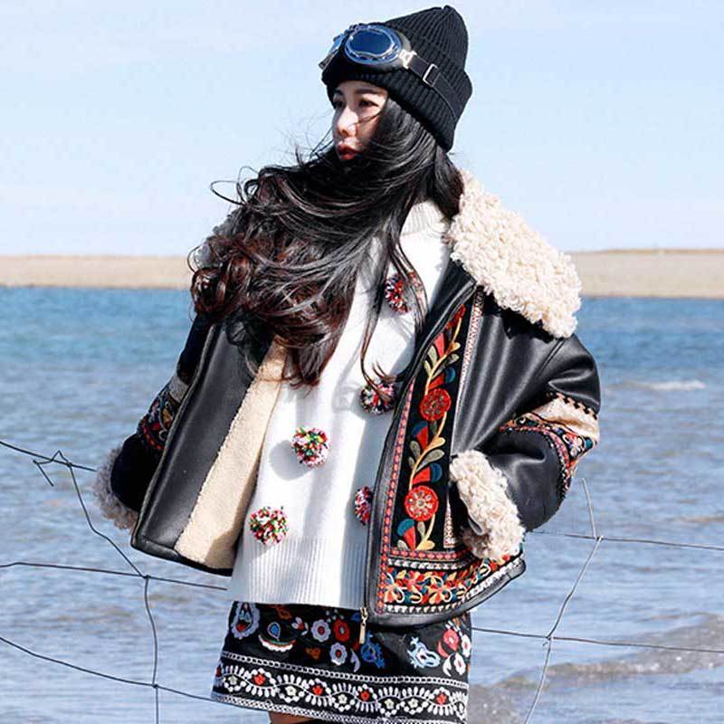 Boho Inspired Lamb Hair floral Embroidered Suede Jacket for women long sleeve boho women jacket coat winter coat warm 201023