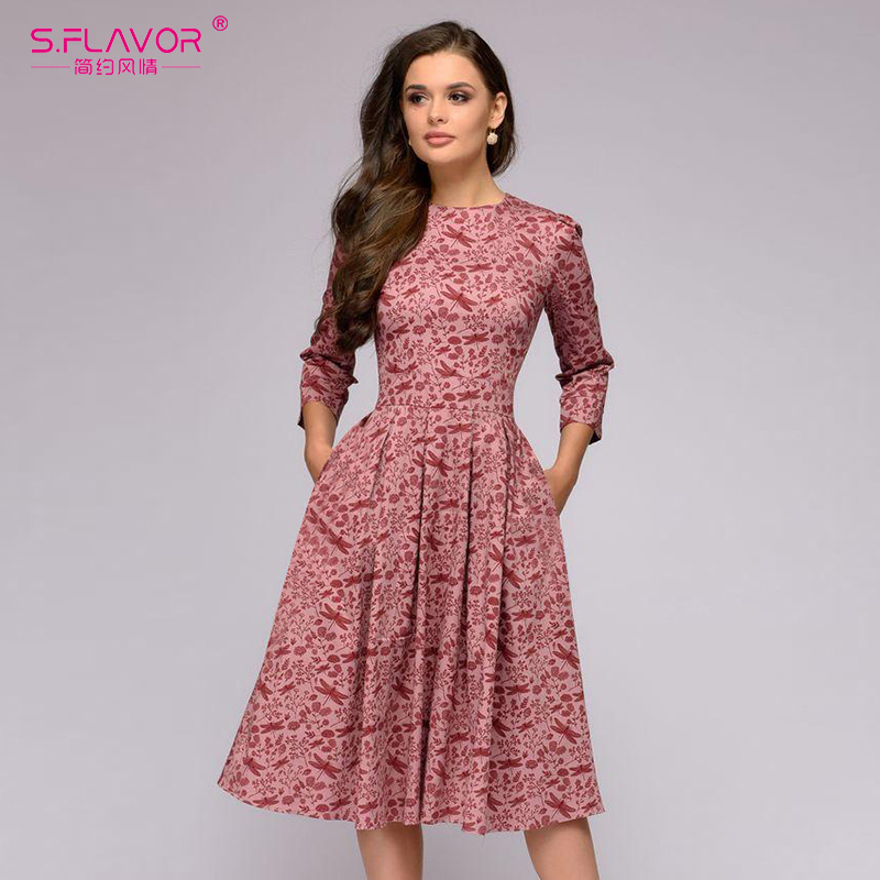 S.FLAVOR Elegant A-line Winter Dress Vintage printing Slim Party Dress Three Quarter Sleeve women autumn Casual Midi Dress 201029