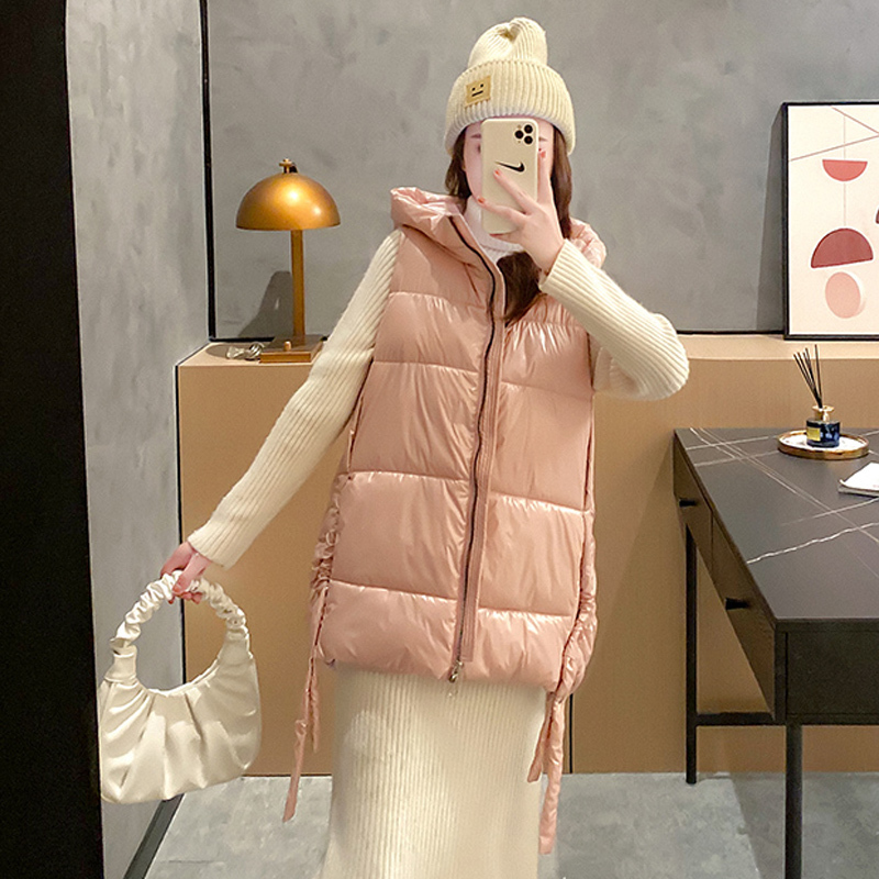 Winter Women's Long Vest Shiny Solid Hooded Sleeveless Jacket Plus Size Stand Collar Cotton Padded Thick Casual Outwear 201211
