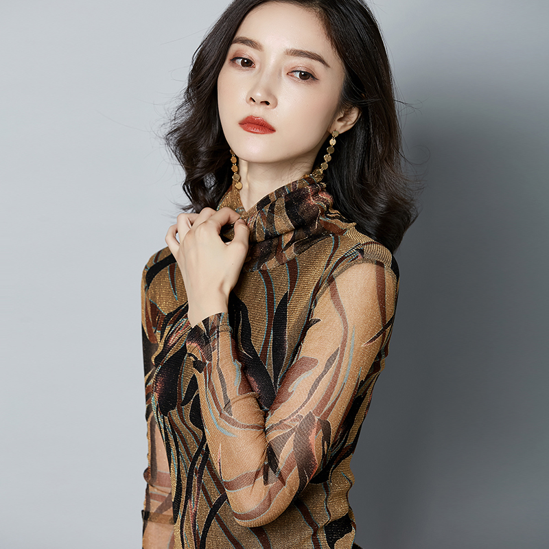 Blusas Mujer 19 New Autumn Women Clothes Tops Bright Silk Casual Long Sleeve Turtleneck Printed Blouse Women Shirts 7696 50 201028