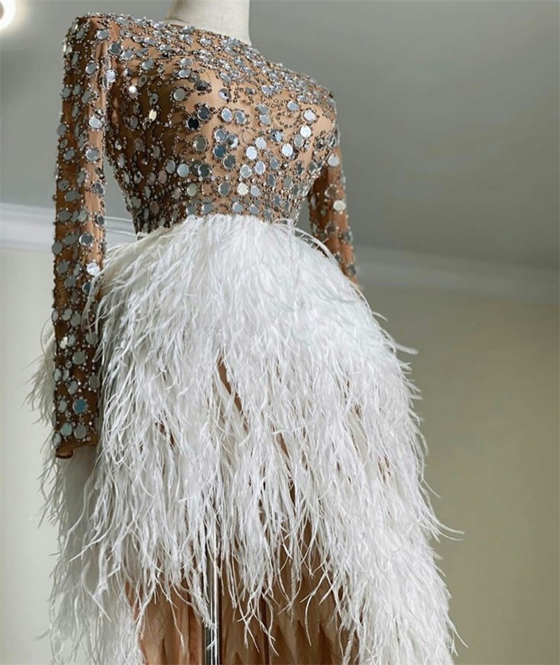 Luxury Hi Lo Evening Dresses Fashion Feather Sequins Crystal Ruched Prom Dresses Long Sleeves Sweep Train Custom Made Formal Party Wear