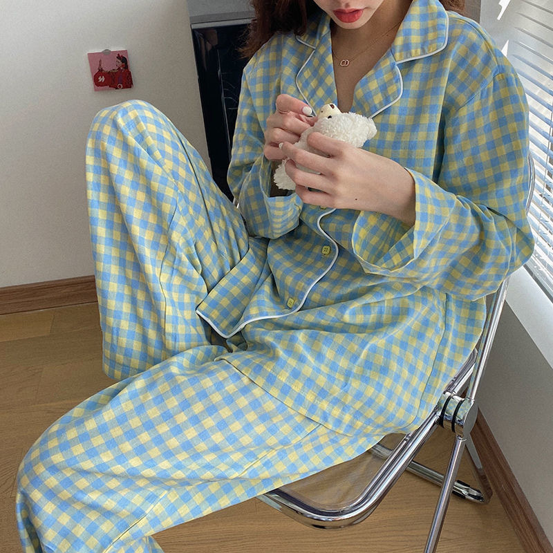 CAIYIER Korean Purple Grid Girls Pajamas Set Cute Winter Long Sleeve Leisure Sleepwear For Women Loose Nightwear Homewear Suit 201113