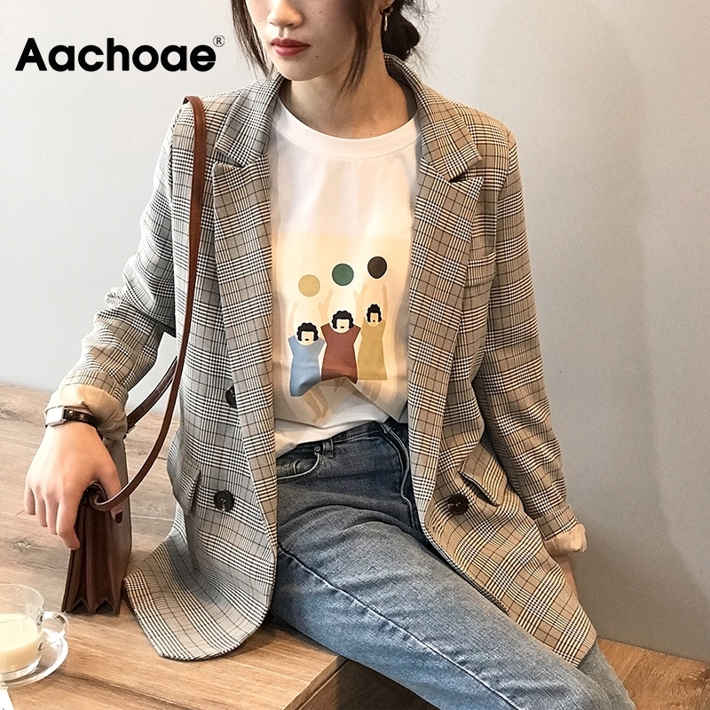 Aachoae Korean Style Chic Plaid Blazer Women Office Wear Long Sleeve Female Jacket Vintage Loose Pockets Double Breasted Coat 201114