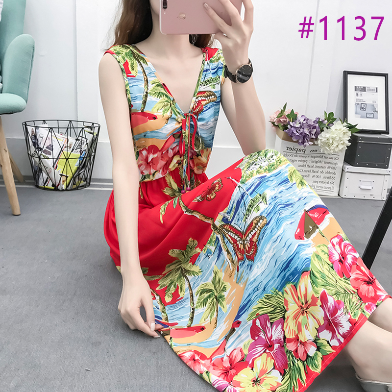 Vintage Women Summer Bohemian Dress Beach Boho Elegant Printed Dresses New Fashion Flower Loose Plus Size Sleeveless Dress T200604