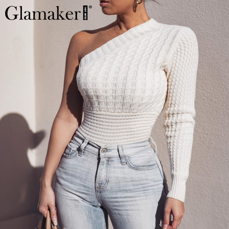 Glamaker One shoulder white knitted sweater women autumn bodycon sexy pullover streetwear fashion winter warm ladies sweater 201017