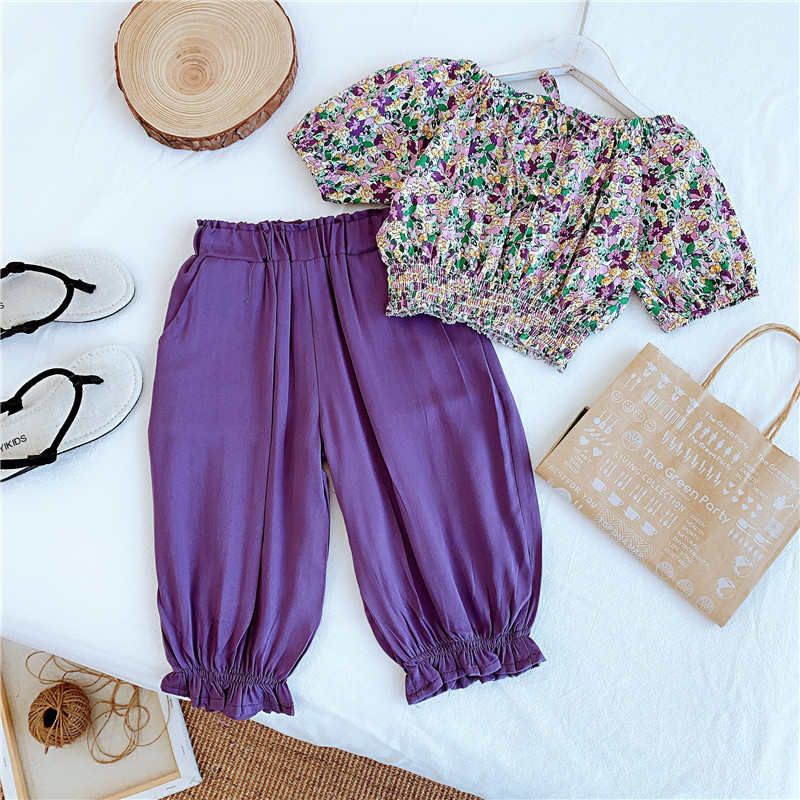 Girls' summer suit one shoulder chiffon foam sleeve Floral Top + wide leg pants two piece girls' clothing 2-8 years oldX1019