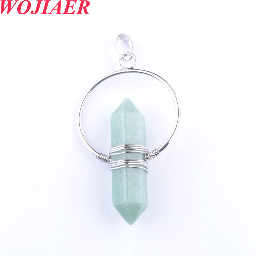 WOJIAER Vintage Natural Stone Pendant Crystal Healing Pointed Hexagon Pillar Circle Wire Wrap Dangle Women DBO908