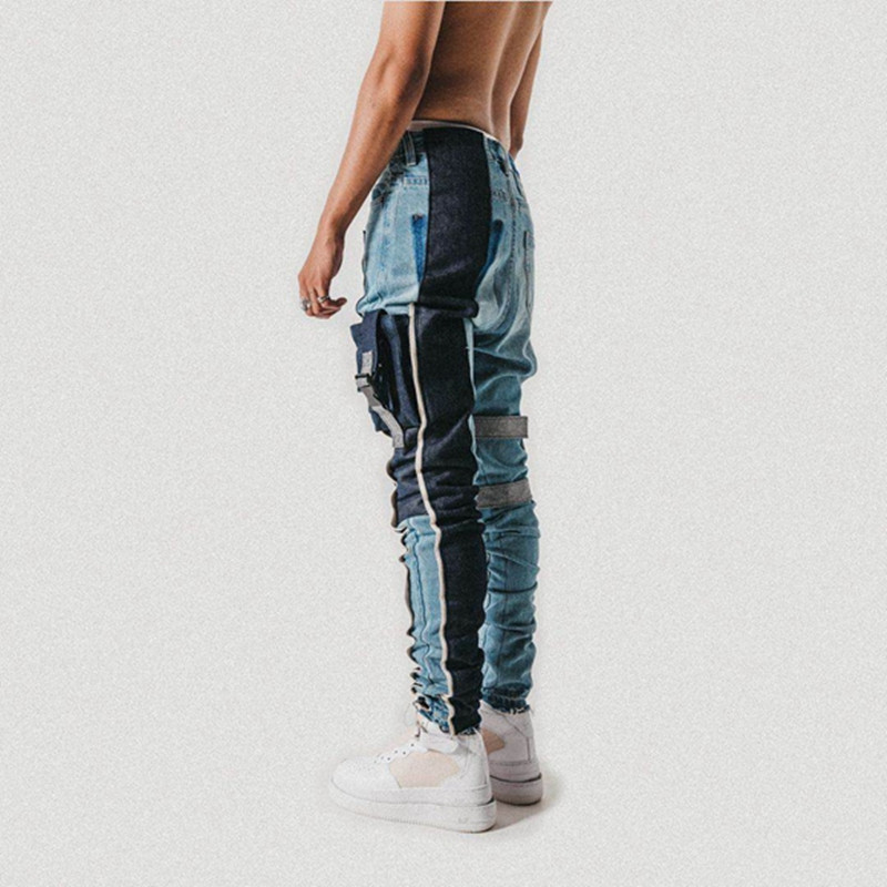 Strapped Pocket Distressed Jeans Slim Tapered Biker Jeans Hip Hop Streetwear Non-stretch Cotton 201111