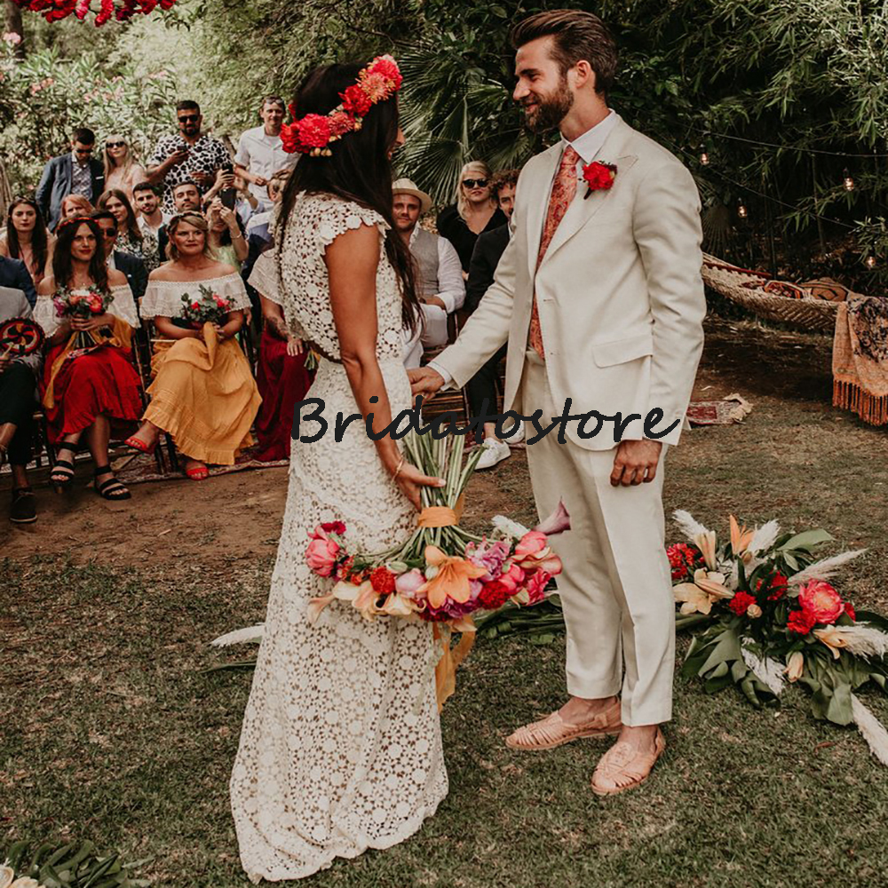 Rustic Lace Boho Wedding Dress 2022 Sexy Two Pieces Bohemian Bridal Dresses Backless Country Civil Bride Dress Robe De Mariée Charming Engagement Beac