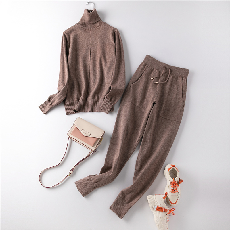 Women Knitted Tracksuit Turtleneck Sweater 2 Pieces Set Autumn Winter Pullovers Vertical Line And Elastic Feet Pants Suit Femme 201119