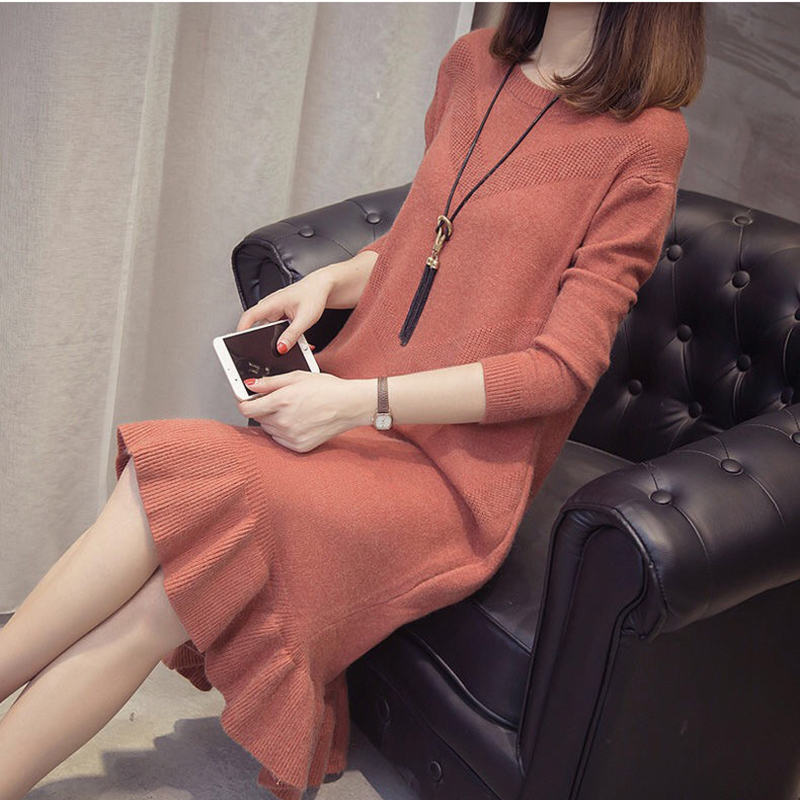New Ruffle Loose Sweater Dress Autumn Winter Casual Long Sleeve Bodycon Dresses Ladies Plus Size Knitted Trumpet Dress 201110