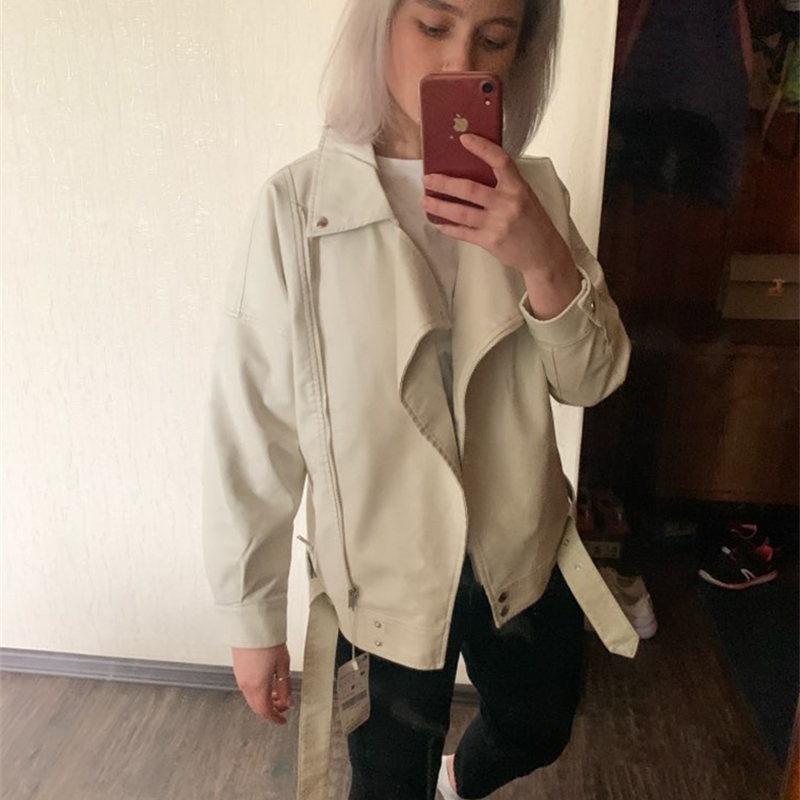 FTLZZ New Spring Women Pu Leather Motorcycle Jacket Female With Belt Solid Color Jackets Ladys Loose Casual Jacket 201020
