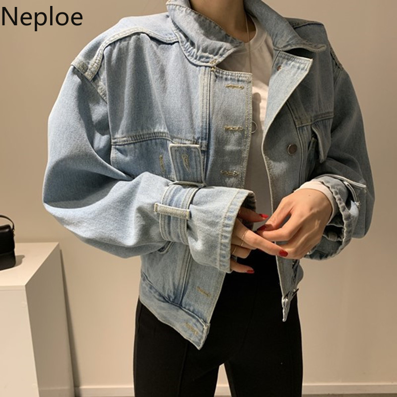 Neploe Ladies Denim Jacket Women Harajuku Vintage Jean Coat Streetwear Basic Outerwear Washed Blue Jeans Bomber 1A805 201017