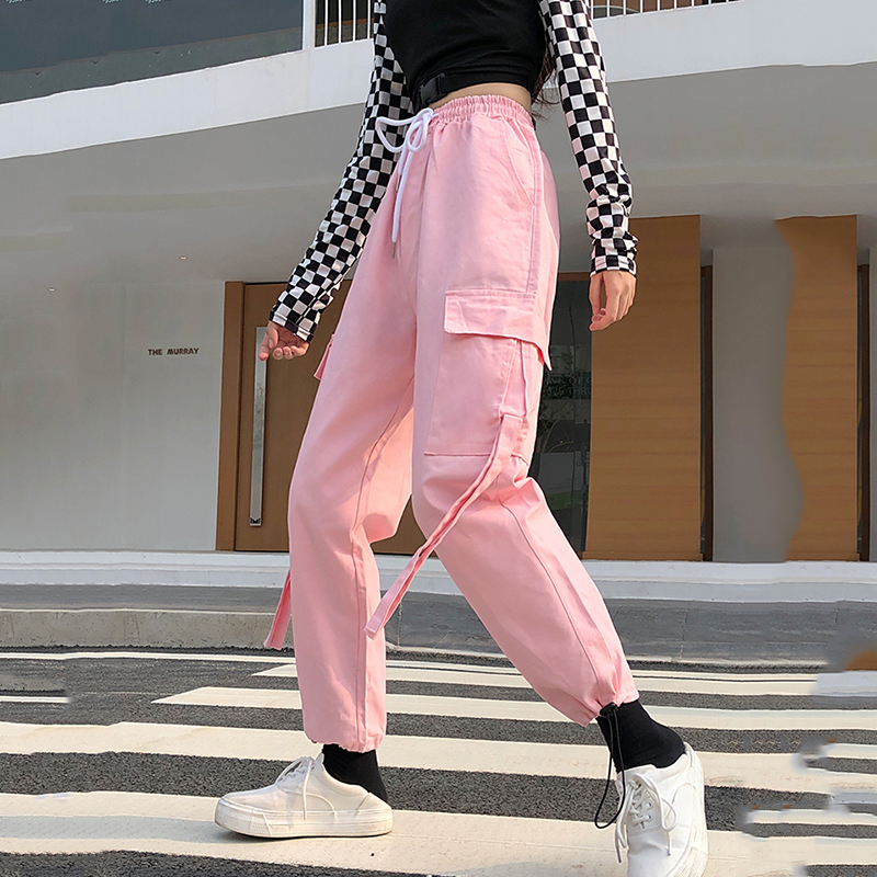 Spring Cargo Pants Student Sport Casual Sweatpants Women Black High Waist Pocket Trousers Streetwear Womens Joggers Sweatpants 201111