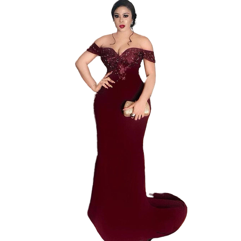Elegant Arabic Burgundy Satin Formal Dresses Evening Wear Off-Shoulder Appliques Lace Beaded Pearls Long Mermaid Prom Dress Party Gowns For Women Sexy