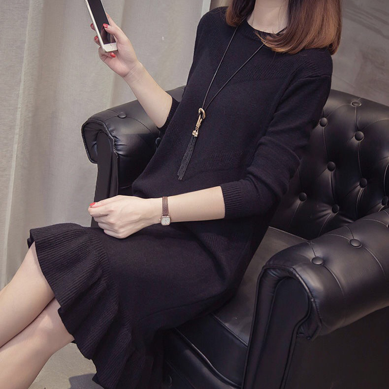 New Ruffle Loose Sweater Dress Autumn Winter Casual Long Sleeve Bodycon Dresses Ladies Plus Size Knitted Trumpet Dress 201110
