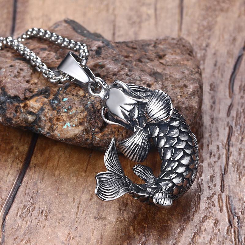 Mens Goldfish Hooked 3D Koi Fish Pendant Necklace in Stainless Steel Mythical Ocean Jewelry Collares Collier Colar 201013