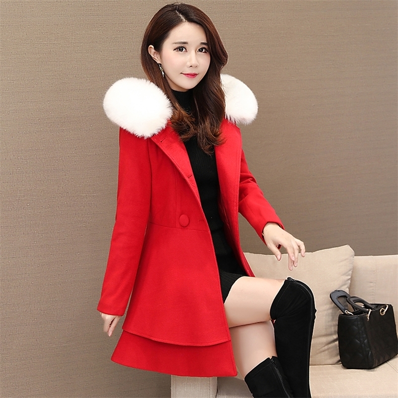 Autumn and winter new women's Korean version of the long section slim slimming pendulum style solid hooded woolen coat Y201001