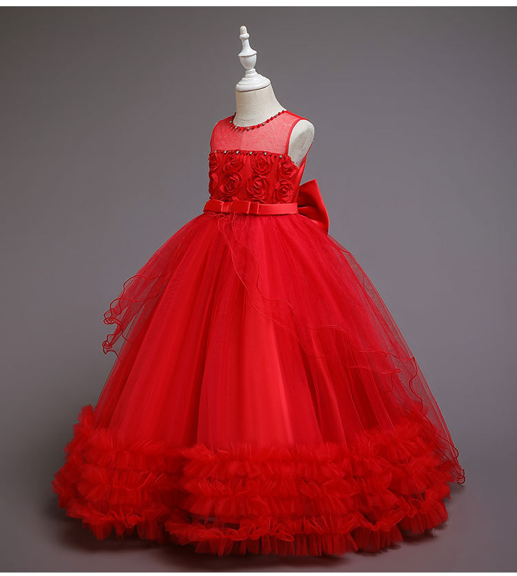 Fashion Red White Flower Girls' Dresses Ball Gown Beaded Crystal Bow Rosette Flower Girl Dresses Kids Wedding Dress
