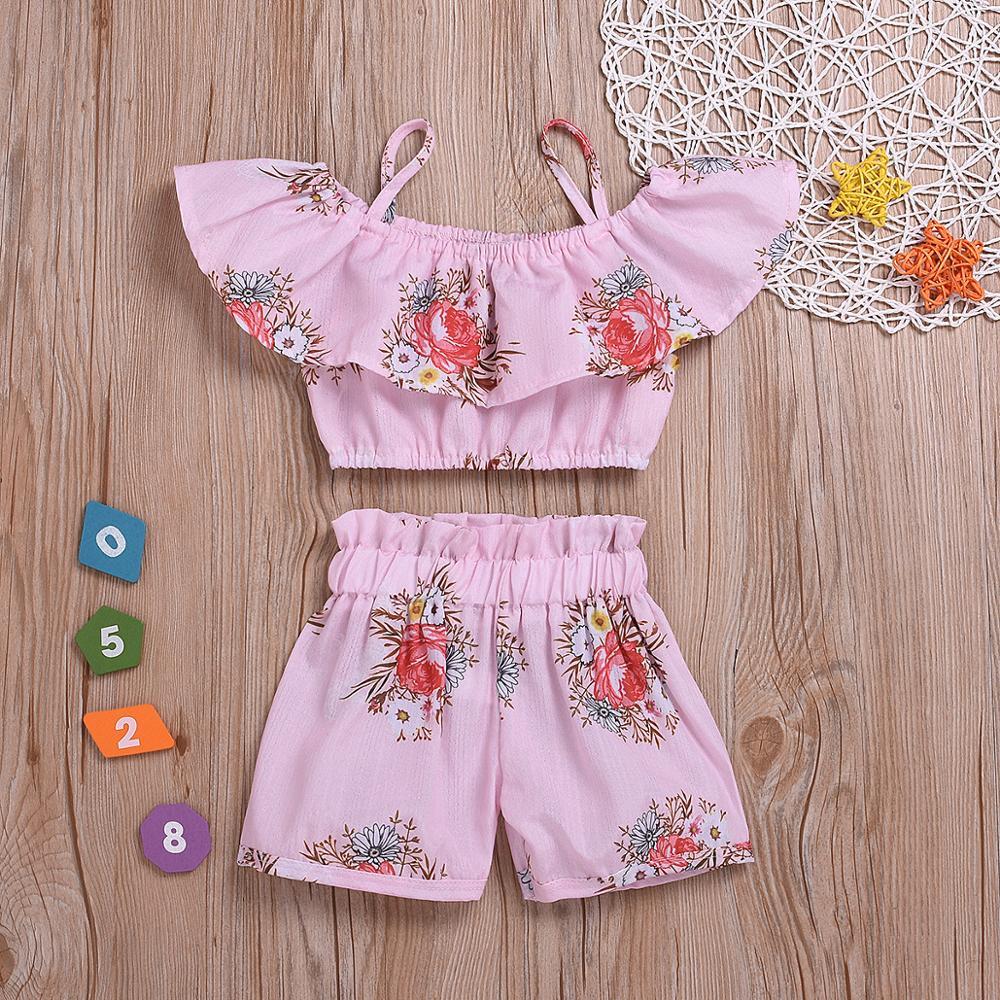 Humor Bear Girl Clothes Set Baby Summer Clothes Toddler Baby Kids Clothes Sling Floarl Off Shoulder Ruffled Top+ Pant 2pcsX1019