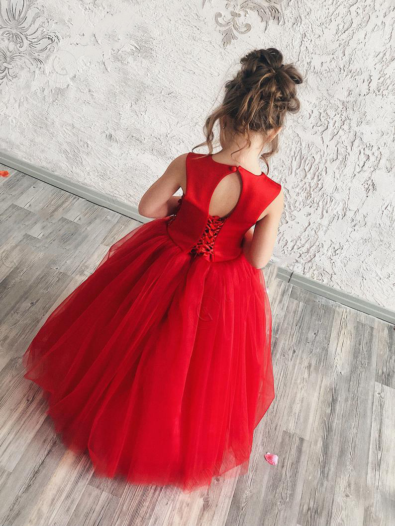 new red girls pageant dresses with jacket lace up appliqued girls birthday party gowns custom made beaded flower girl dress