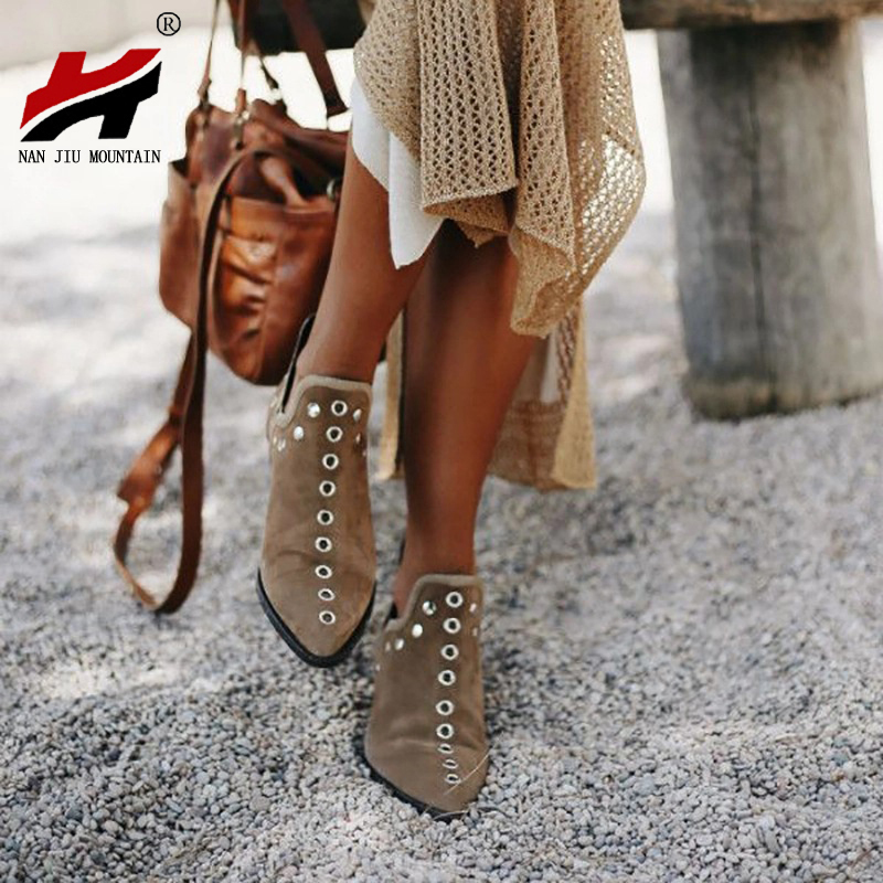 women bootsNAN JIU MOUNTAIN Studs Ankle Boots Spring And Autumn Single Shoes Flat Shoes Fashion Handsome Pointed Women's Shoes Plus Size