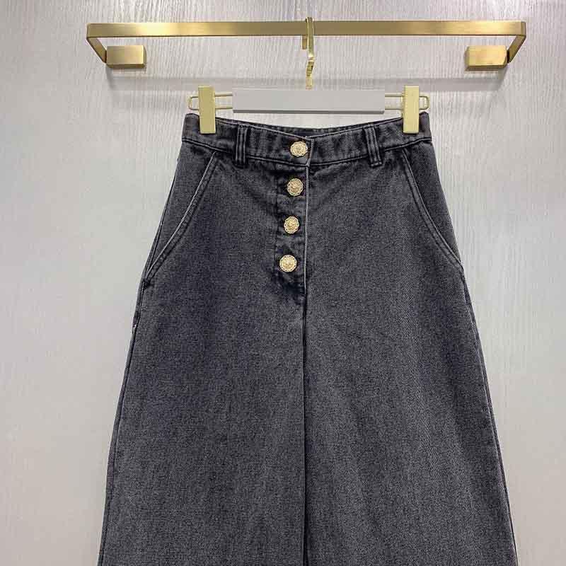 Cosmicchic 2020 Black Jeans High Waist Gold Buttons Women Trousers Ankle-Length-Pants Wide-Leg-Pants Runway Autumn Winter Casual