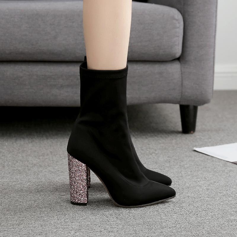 2020 Europe and the United States new elastic cloth sequins thick high heel women's boots pointed sexy tube women's boots, Black
2020 Europe and the United States new elastic cloth sequins thick high heel women's boots pointed sexy tube women's boots, Black