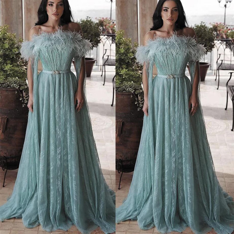 Mint Green Lace Feather Prom Dresses A Line Strapless 2020 Formal Evening Gowns Boat Neck Dubai vestido de Longo