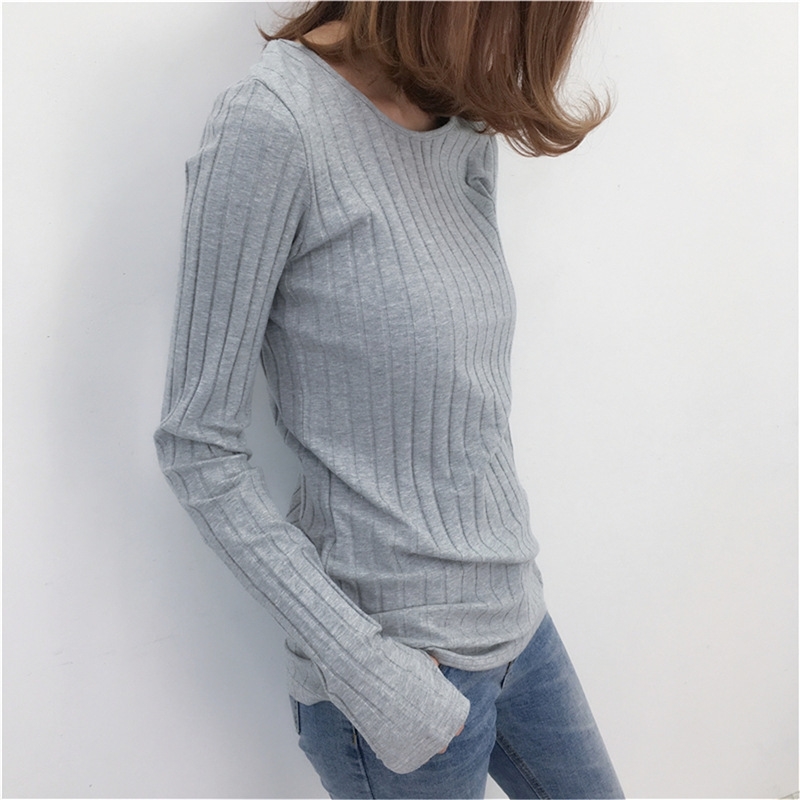 Basic Cotton Ribbed Tops Tees With Thumb Hole Women Long Sleeve Tee Shirts Essential Layering T Shirt Femme S,M,L T200110