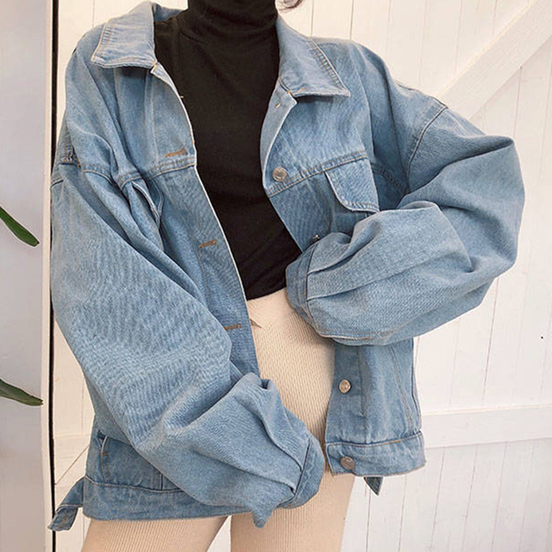 Women's Coat Denim Jacket Vintage Loose Printed Jaqueta Feminina Oversized Jacket Long Sleeve Coat Single Breasted Jackets T200319