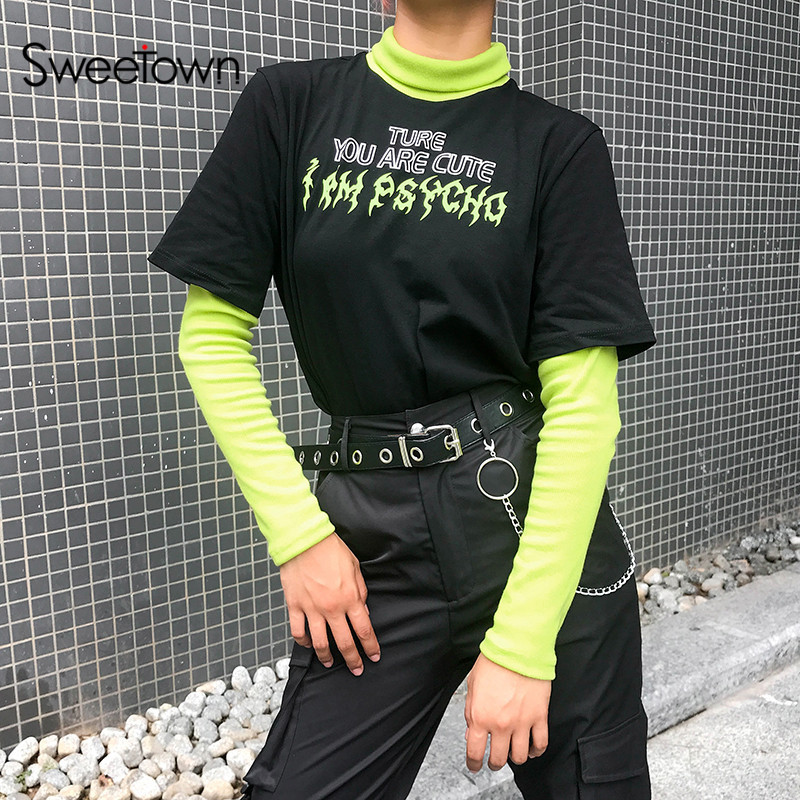 Sweetown Autumn Casual Gothic Long Sleeve Black T Shirt Patchwork Mock Two-Piece Turtleneck Funny T Shirts Women Streetwear Y200109
Sweetown Autumn Casual Gothic Long Sleeve Black T Shirt Patchwork Mock Two-Piece Turtleneck Funny T Shirts Women Streetwear Y200109