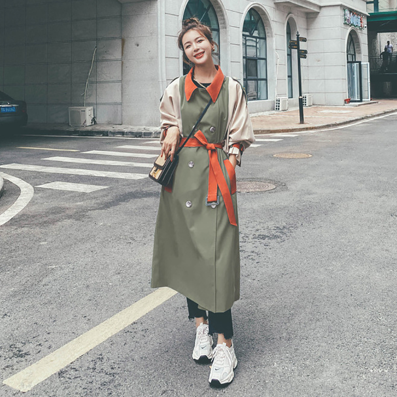DEAT New Autumn Fashion Women's Trench Coat England Style Hit Color Patchwork Full Sleeve Lapel Collar With Belt TX156 201211