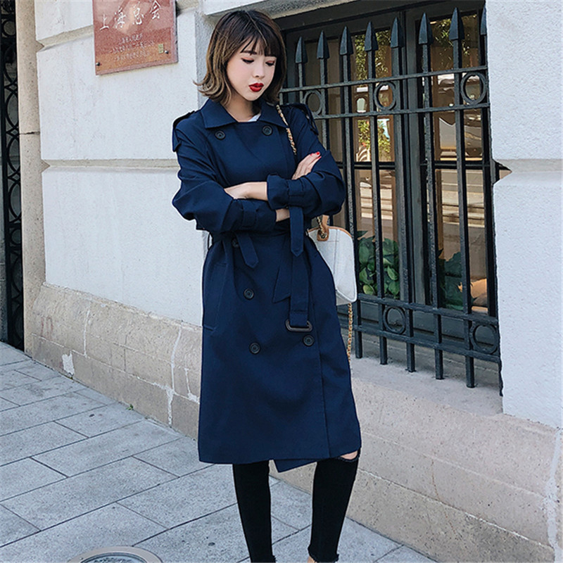 Windbreaker Female 2019 Spring Autumn New Korean Leisure Chic Loose Ladies Harbor Wind Long Trench Coat For Women Blue T200319