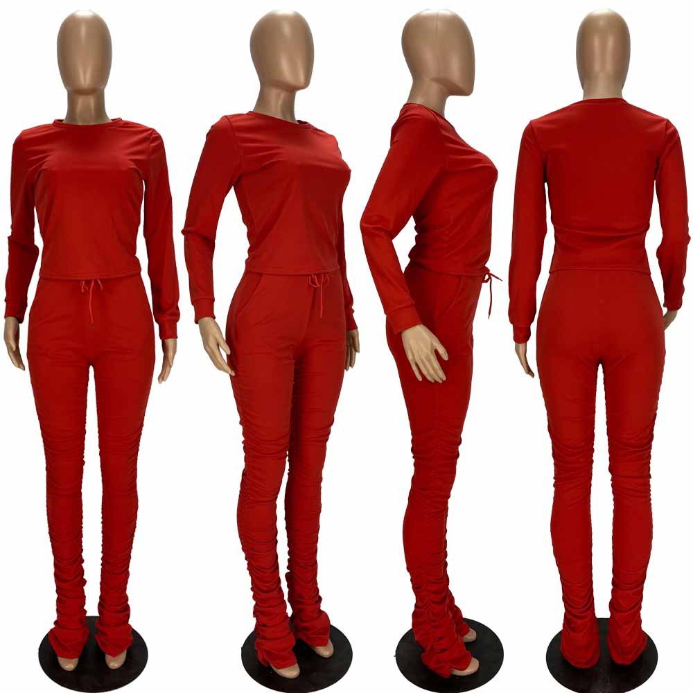 Pants Spot European and American spring summer fashion pleated solid color long sleeve suit