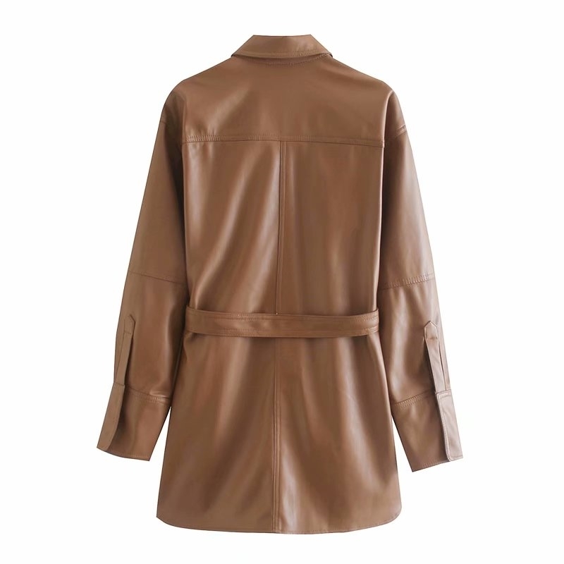 DEAT notched collar full sleeves PU leather single breasted waist belt female fashion autumn and winter jacket WN90904L 201026