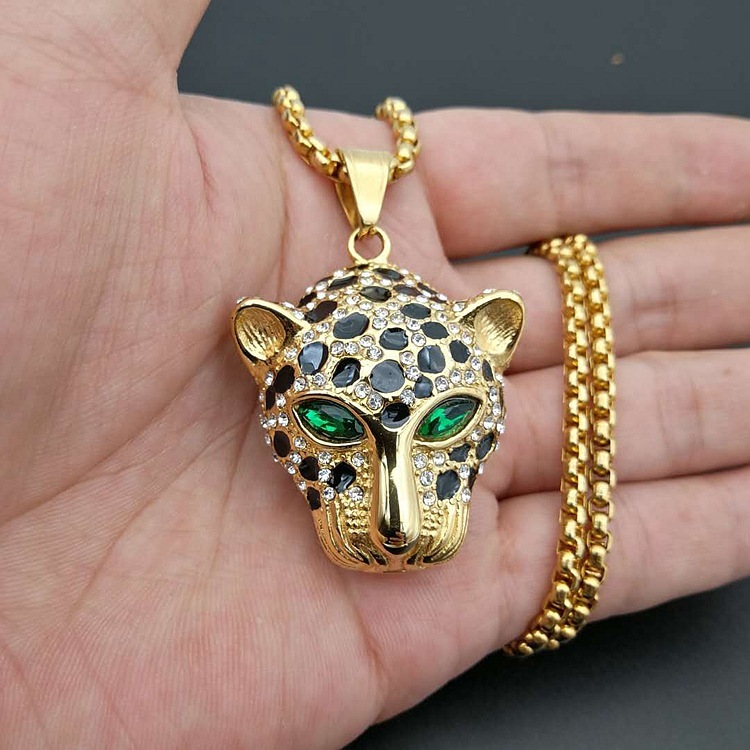 Tide hip hop hiphop jewelry titanium steel gold plated diamond with red and green eyes leopard head pendant necklace GD1238