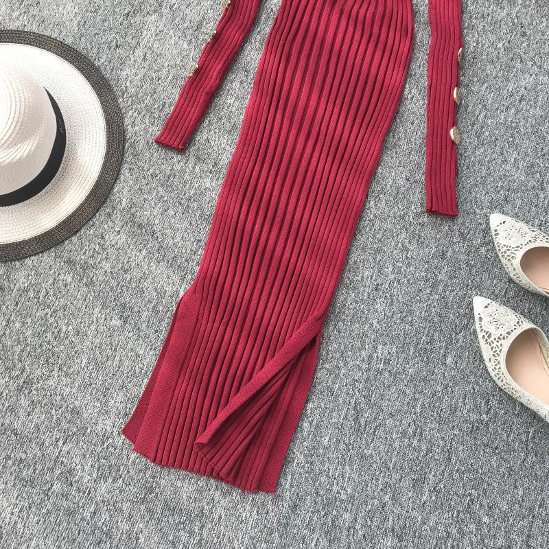 Fashion Button Sexy Slim Autumn Winter Bodycon Knit Sweater Midi Long Dress Party Women Casual Long Sleeve Split Sheath Vestidos 201008