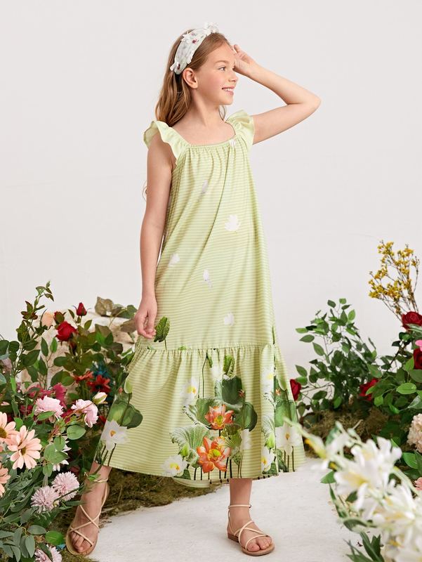 Girls Floral Armhole Ruffle Hem Floral & Striped Smock Dress SHE