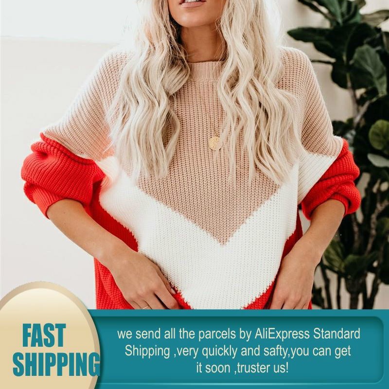 Loose Knitted Sweater Women Jumpers Long Sleeve Woman Pullovers Sweaters Casual Autumn Winter Color Block Striped Sweater 201111