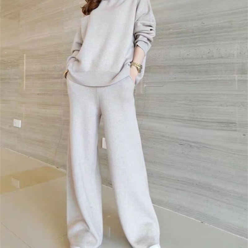 autumn winter Women Solid Color Hooded Pullover Knit Sweater + Casual Wide Leg Pants Fashion Two Piece Set 201120