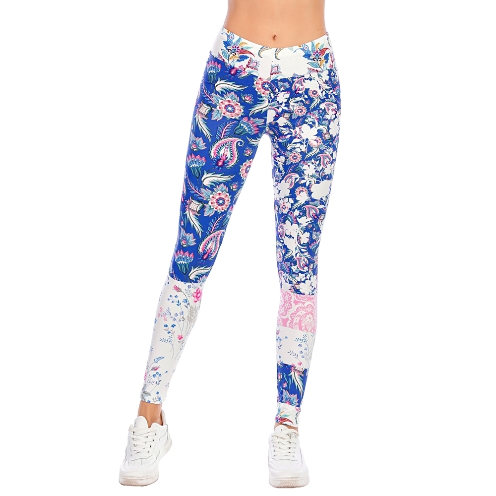 Zohra Sexy Women Blue Floral Stitching Printed Fitness leggins Fashion Slim legins High Waist Leggings Pants 201203