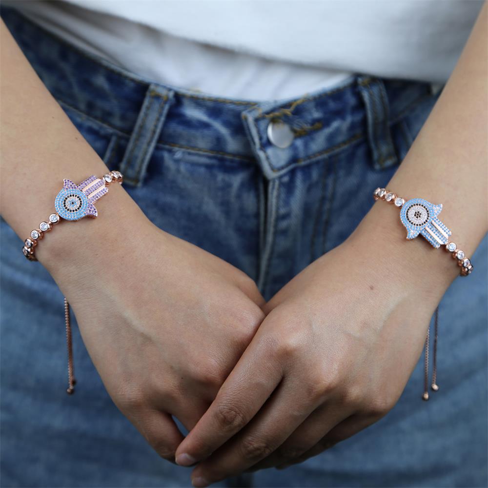 New Rose Gold Color Blue Purple CZ paved Turquoises Stone Adjust Tennis chain bracelet for women Lucky Hamsa Hand Bracelet Wholesale