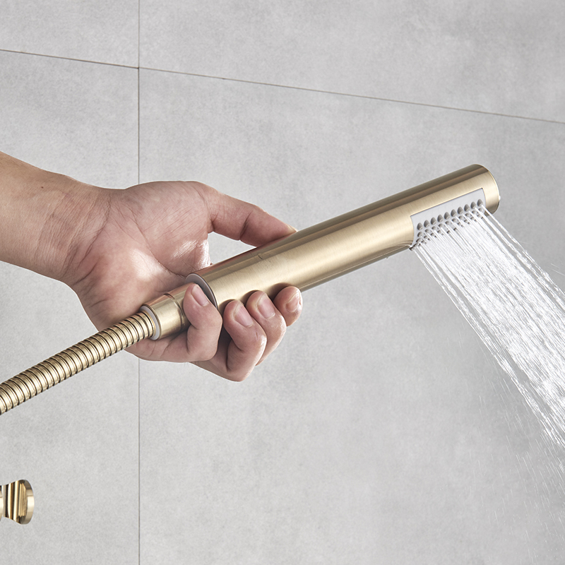 Luxurious Brushed Gold Mixer Rotate Tub Spout Wall Mount Rainfall Head Hand Shower Faucet 1011