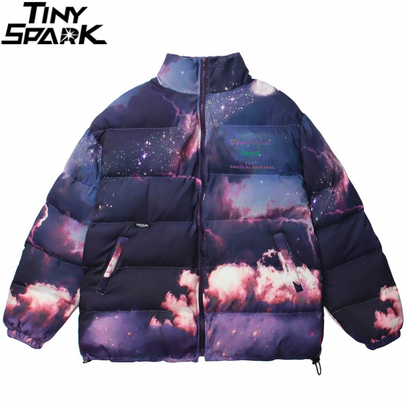 Mens Hip Hop Parka Jacket Streetwear Sky Printed Jacket Harajuku Cotton Winter Padded Jacket Coat Warm Outwear Thick 201214