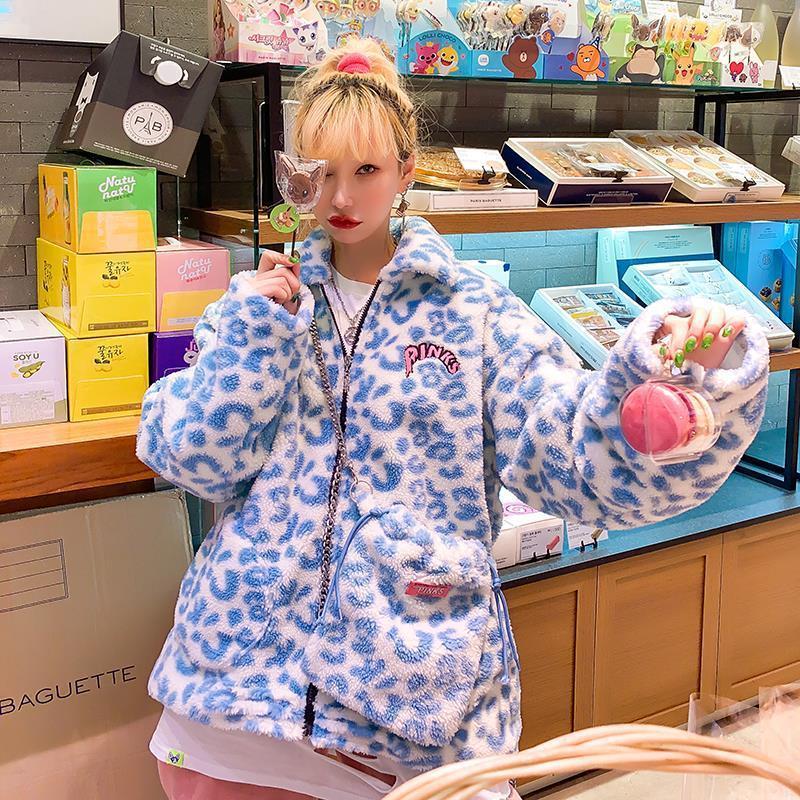 Faux Fur Woolen Warm Winter Women Jacket Plus Size Fuzzy Cute Jackets Milk Cow Leopard Print Turn-down Collar Coat Overcoat Girl T200902