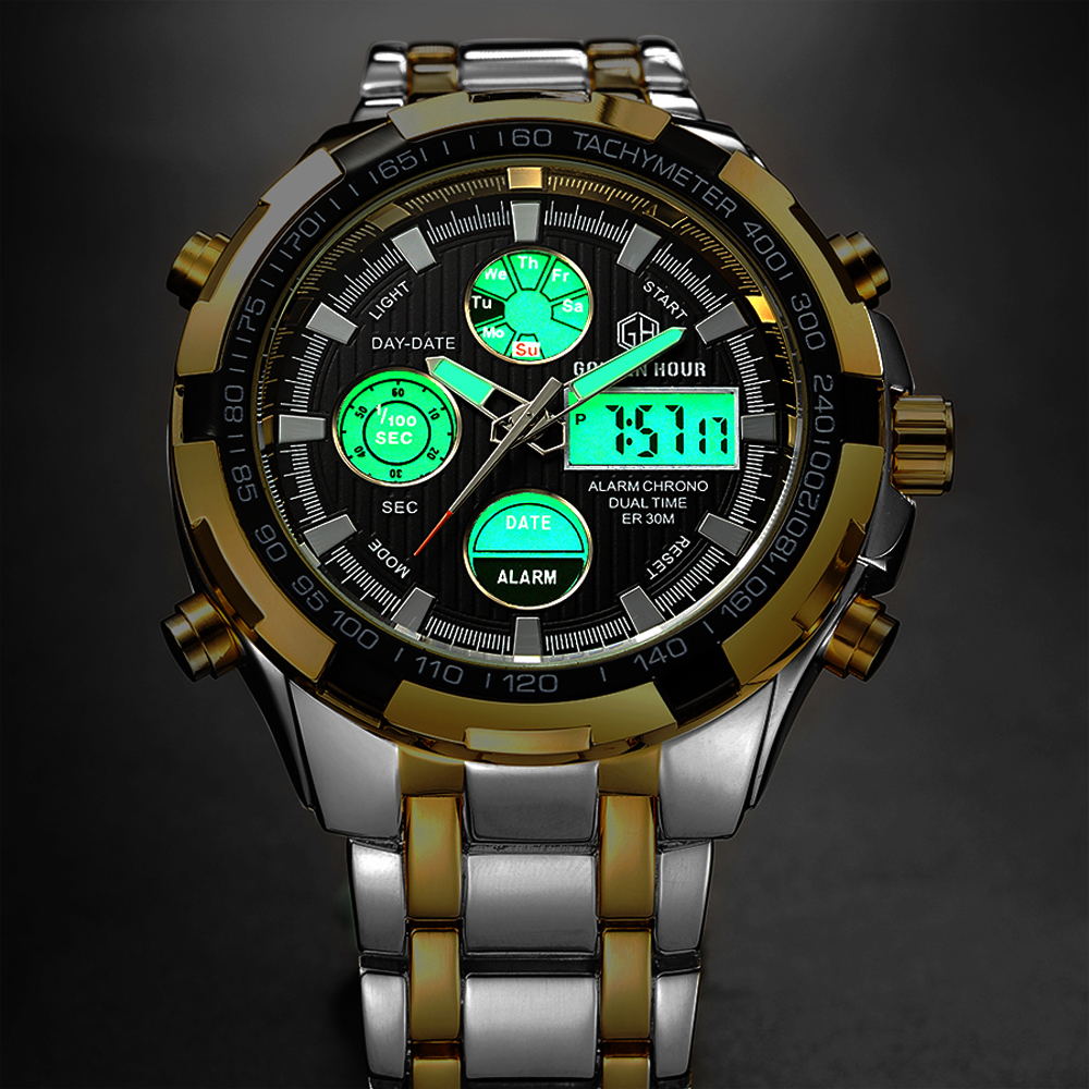 GOLDENHOUR Men Classic Business Quartz Watch Mens Fashion Dual Display Stainless Steel Wristwatches Waterproof Male Clock LJ201119