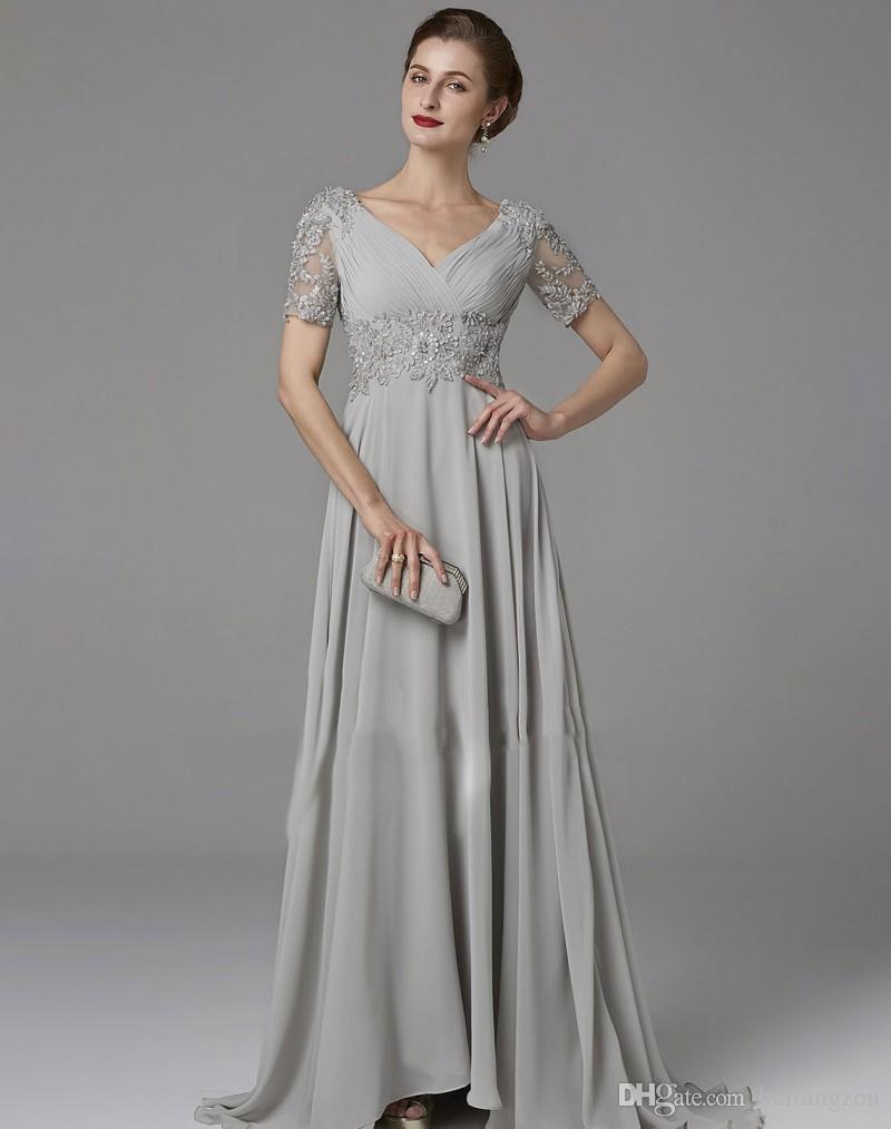 Modest Gray Chiffon Mother Of The Bride Dresses With Short Sleeve Lace Appliqued Beaded Mother Guest Dress Custom Made Long Evening Gowns