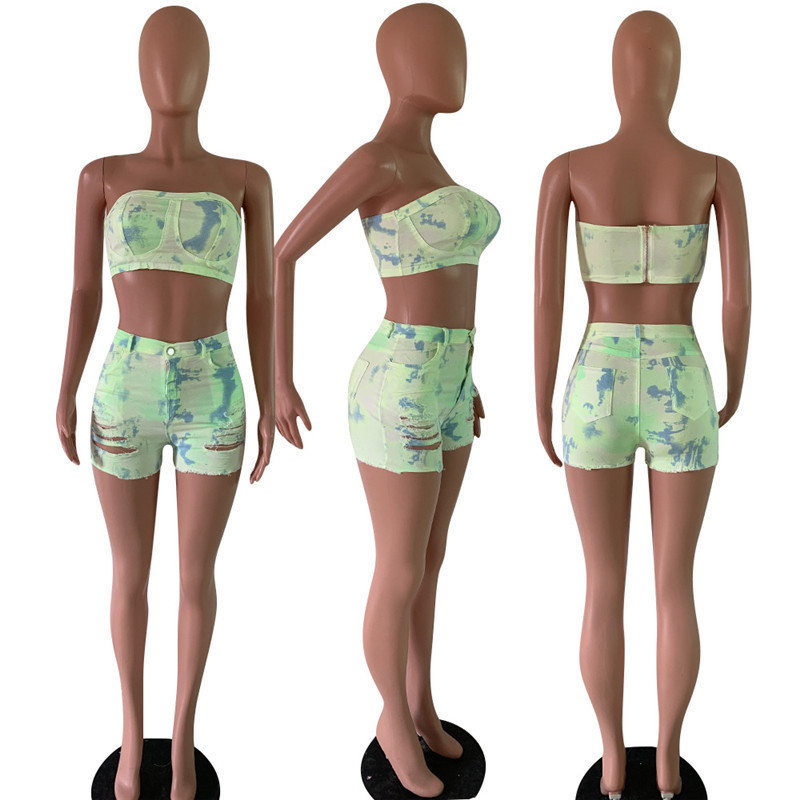 Sexy Tie Dye Denim Two Piece Set Women Strapless Tops and Hole Jeans Shorts Female Summer Matching Set Outfits Clubwear Female T200325