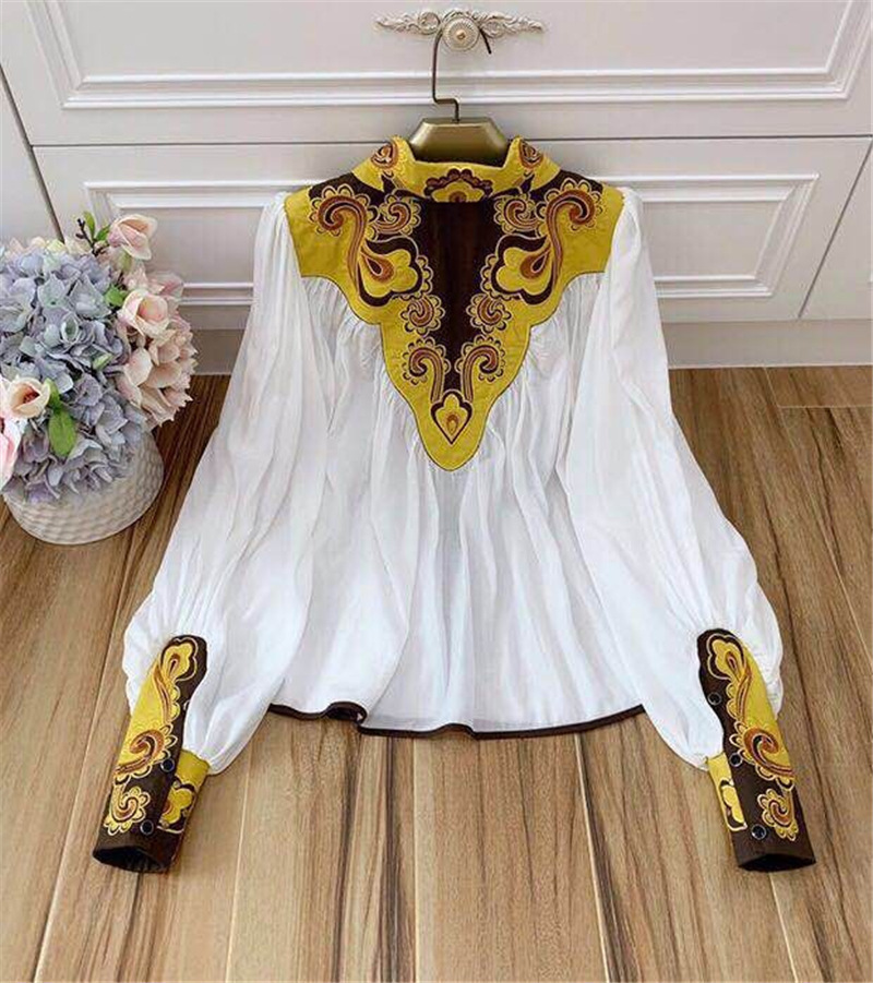 Miao Qing Summer Vintage Embroidery Women Two Piece Set Turndown Collar Outfit Long Lantern Sleeve Top And Short 2piece T200325